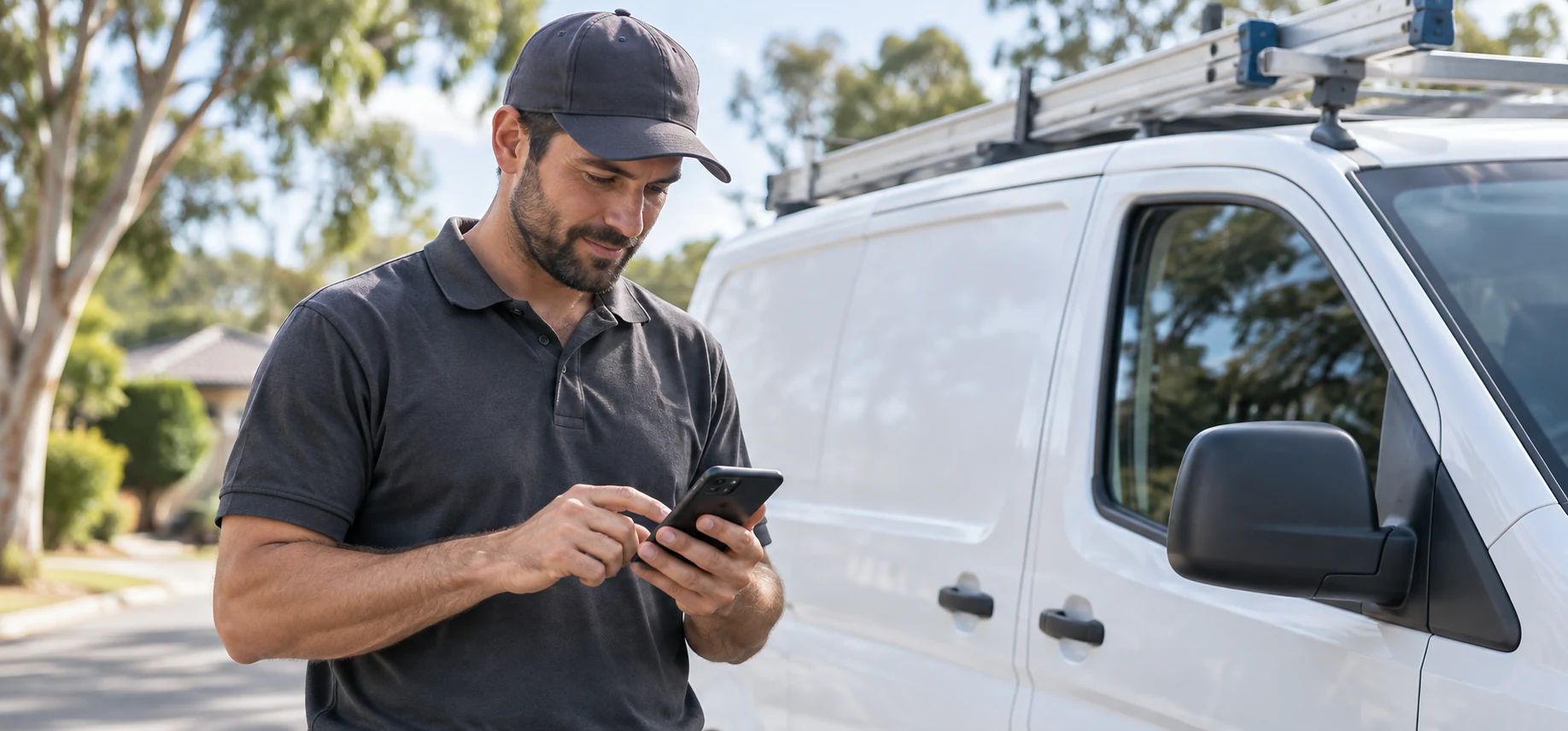 A tradesperson logs work on a phone beside a van