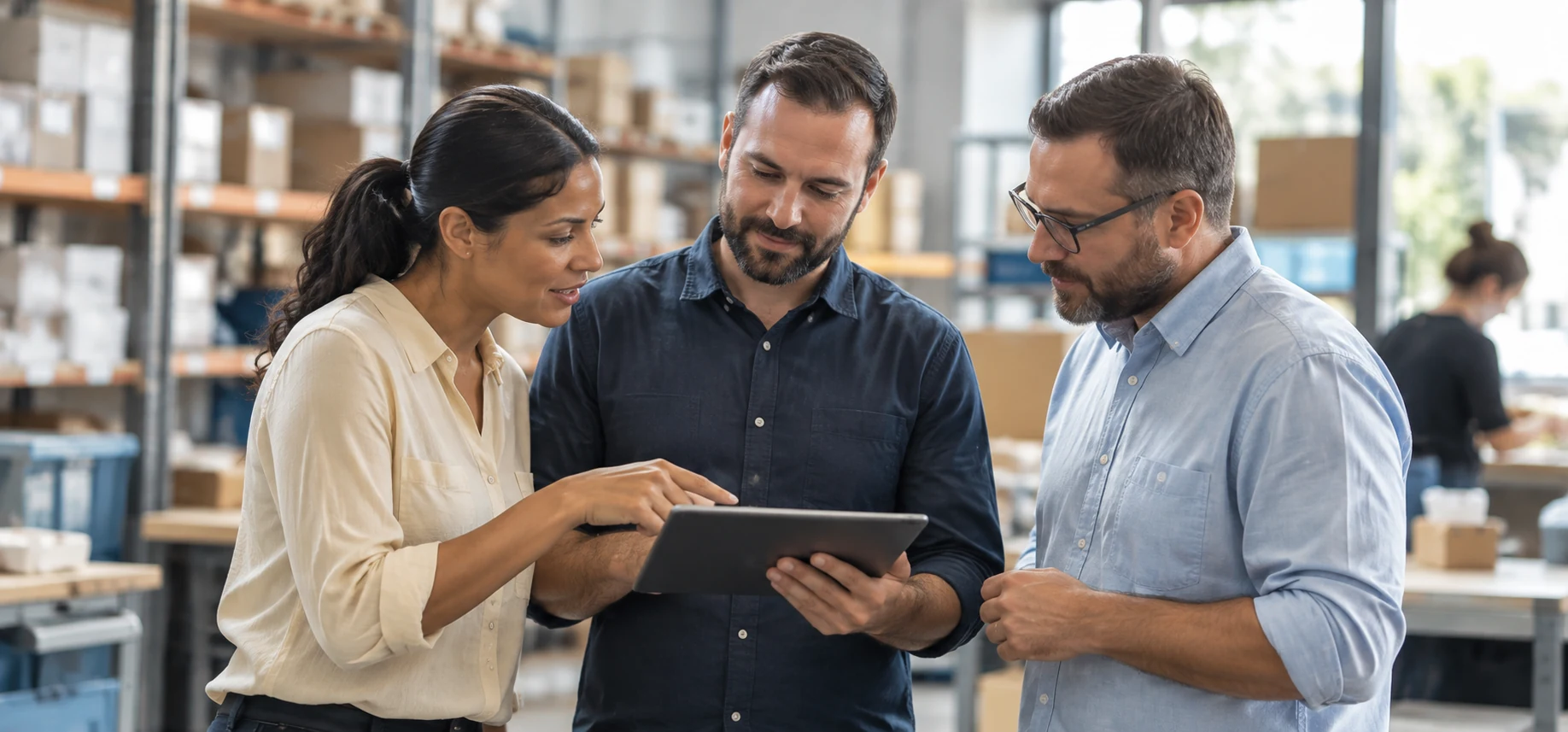 A small business team reviewing operations together