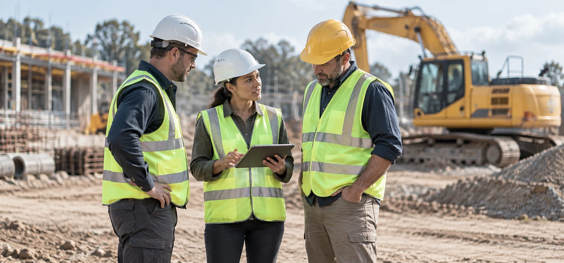 Field crews discussing work at a construction site